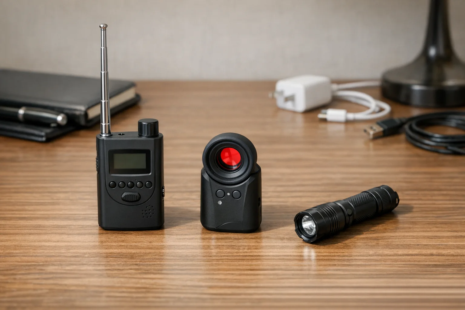 Multiple hidden camera detector tools arranged on a tabletop for side-by-side comparison